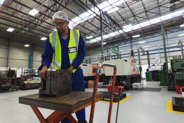 Front view of a biracial male worker wearing a hair net, glasses, blue overalls and a high visibility vest, standing in a busy factory warehouse, positioning metal machine parts a trolley with equipment on it, with machinery in the background