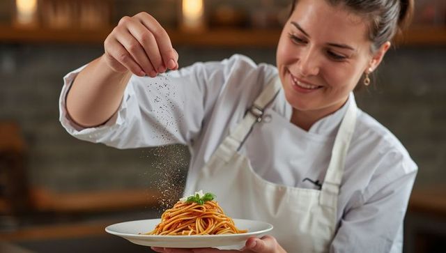 Chef seasoning exotic spaghetti pasta dish in professional kitchen