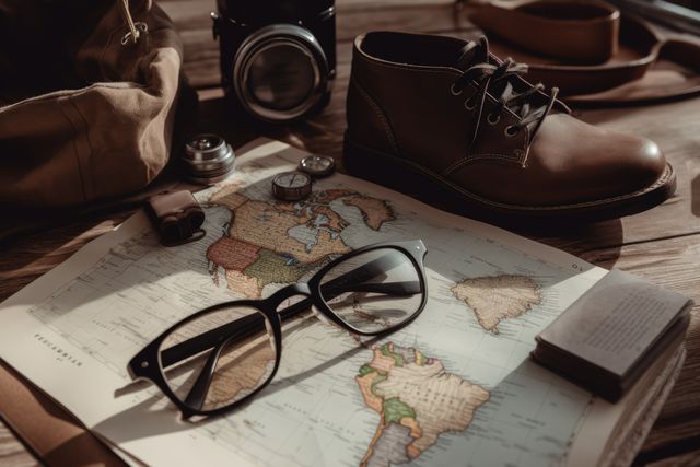 Vintage travel gear including a pair of leather shoes, an old-fashioned camera, and eyeglasses are arranged on a world map. This vintage scene evokes a sense of adventure and exploration, making it perfect for travel blogs, articles about vintage fashion or photography, and marketing materials for travel gear or accessories.