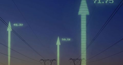 Green data arrows rising over power grid at dusk representing energy metrics and growth