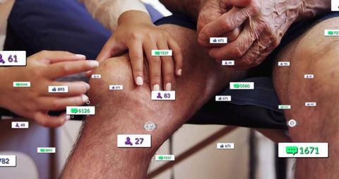Caregiver pressing senior knee during therapy with social media interaction icons overlay