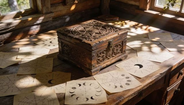 Ornate carved wooden chest on sunlit desk with moon phase charts and antique star diagrams