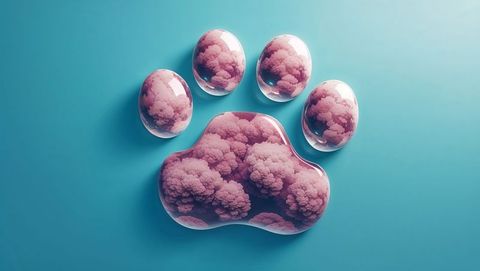 Stylized paw print with pink cloud bubbles on teal gradient