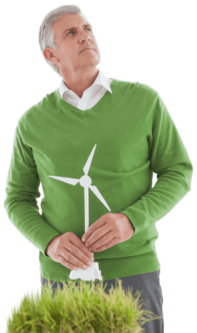 transparent senior thinking with model wind turbine - Download Free Stock Videos Pikwizard.com