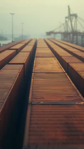 Vertical pulling over stacked shipping containers toward port cranes showing industrial scale