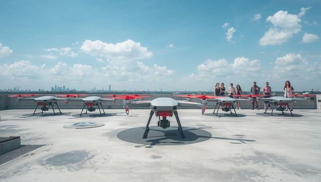 Urban drone fleet on rooftop helipad with professionals observing skyline and tech gear