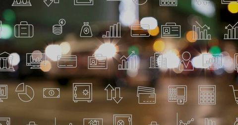 Digital finance icons with urban street at night