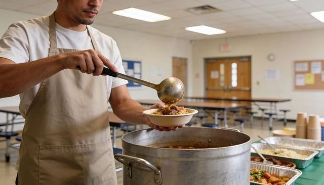 Volunteer serving hearty stew in community cafeteria line during nonprofit meal program