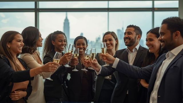Corporate Professionals Celebrating Success with Champagne Toast