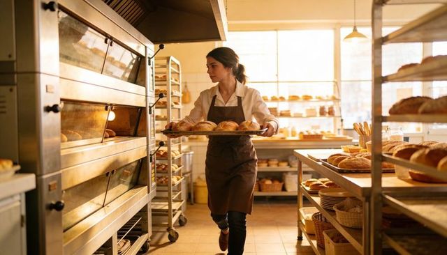 Carrying trays of golden loaves through sunlit bakery by apron-clad baker