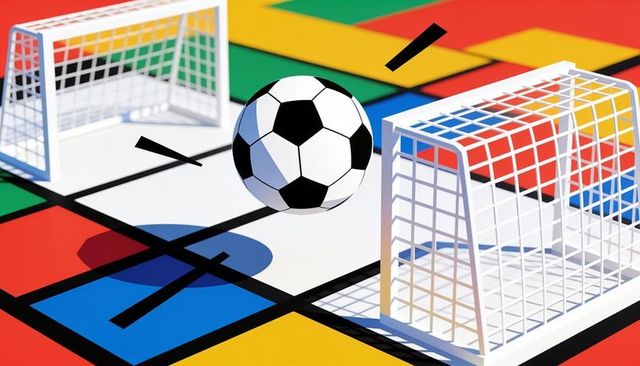 Hovering soccer ball over colorful geometric tiles featuring dual white goals minimalist playful