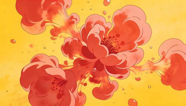 Blooming red-orange floral splash on warm yellow gradient, watercolor ink abstract texture