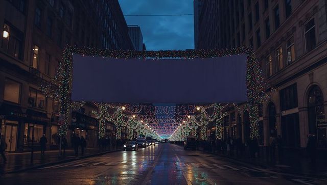 Blank Urban Banner Amid Dusk Reflections and Holiday Vibrance