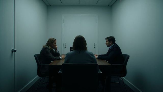 Three professionals negotiating in small conference room during intense corporate meeting