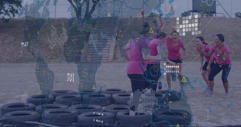 Women in pink exercise wear engaging in outdoor team training