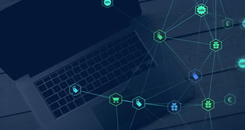 Digital Icons Overlaying Laptop for Global Networking and Business