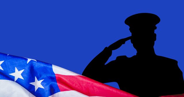 A soldier in silhouette saluting with the American flag draped in the foreground against a blue background. Useful for themes related to patriotism, military service, Veteran's Day, Memorial Day, and national pride.