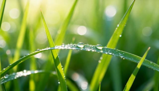 Morning dew on curved grass blade creating sparkling bokeh and fresh green macro detail