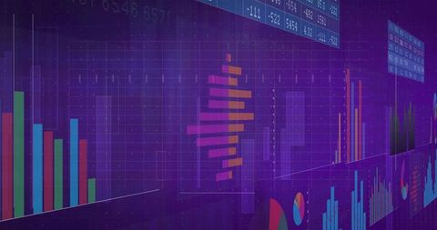 Neon Data Visualization Dashboard with Magenta-Orange Stacked Bars and Analytics Grid