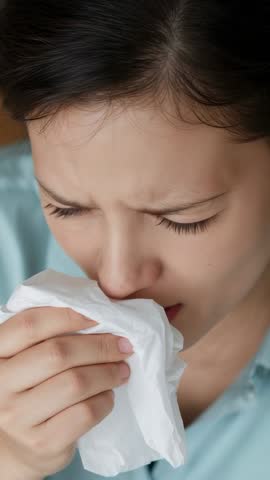 Woman blowing nose and pressing tissue while checking nasal discomfort in vertical footage