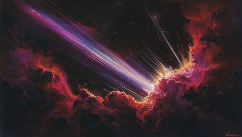 Luminous Beam Cutting Through Crimson Nebula with Golden Rim and Prism Streaks