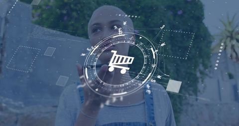 Woman holding smartphone viewing augmented reality shopping cart overlay outdoors