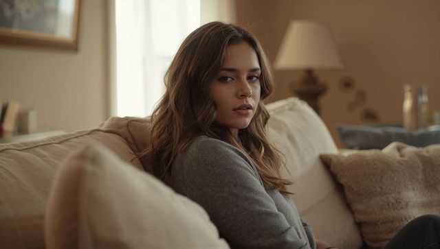 Young woman relaxing on cozy sofa in sunlit living room