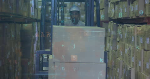 Warehouse Worker with Digital Data Overlay in Distribution Center