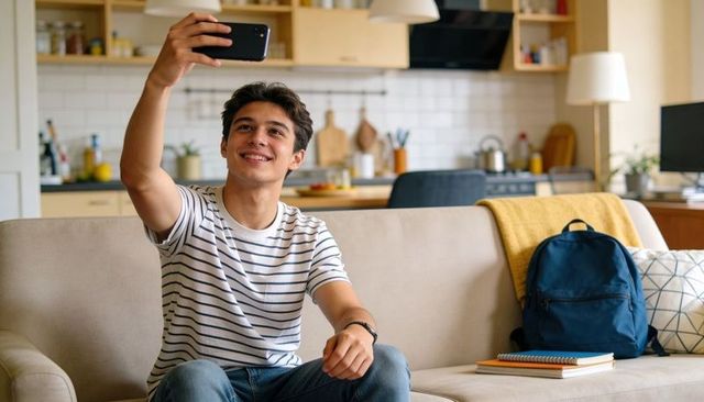 Teen taking selfie on sofa, smiling in modern open-plan apartment with backpack