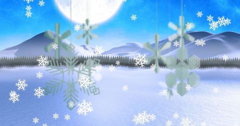 Magical Winter Night with Snowflakes and Full Moon