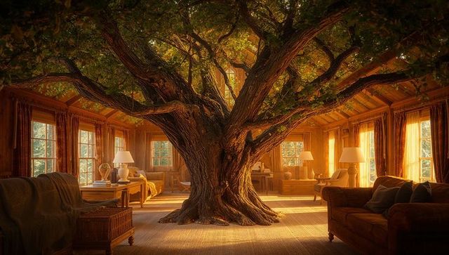 Rustic Cabin with Tree Growing Through Living Room