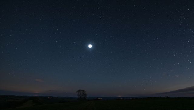 Moon Halo Over Rural Nightscape, Starry Sky and Lone Tree Silhouette on Rolling Hills