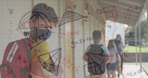 Children with Backpacks Analyzing Math Equations with Face Masks