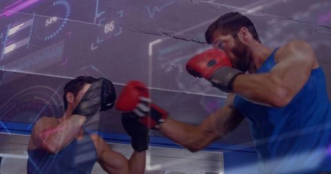 Boxers sparring in gym mirror with futuristic hud overlays for sports analytics