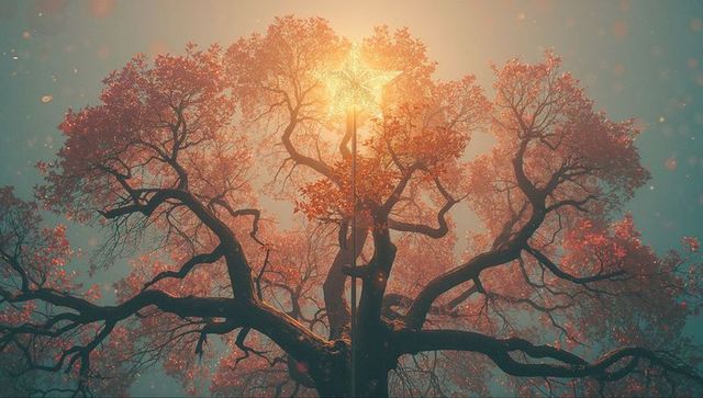 Mystical tree with glowing star in foggy enchanted forest