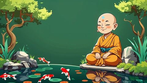 Novice monk meditating by koi pond surrounded by nature