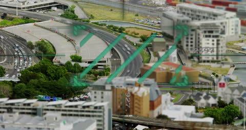 Digital Data Overlay on Vibrant Cityscape Traffic Scene