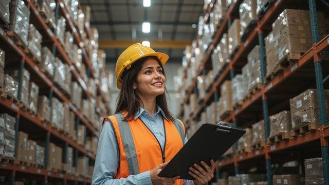 Confident Expert Inspecting Warehouse Logistics with Clipboard