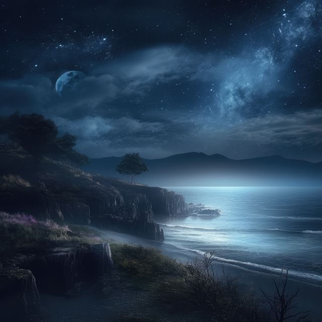 Starry night sky over rocky and green island in sea, created using generative ai technology - Download Free Stock Photos Pikwizard.com