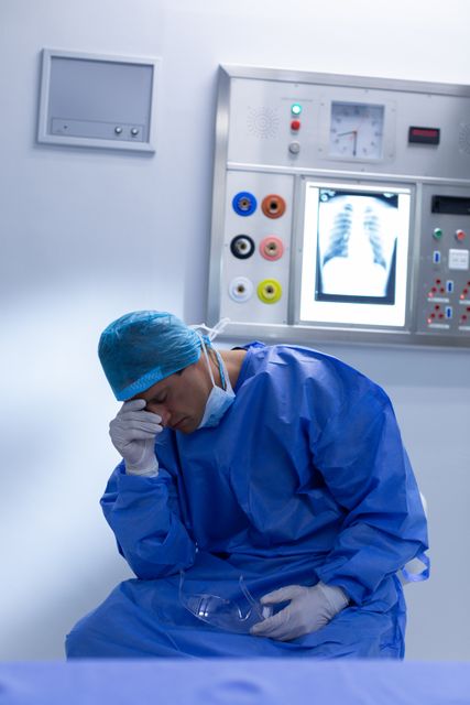 Image of a surgeon sitting in an operating room, looking stressed with hand on forehead. Blue scrubs and medical equipment suggest a hospital setting. Useful for articles or discussions about medical profession challenges, burnout, and healthcare industry stress.