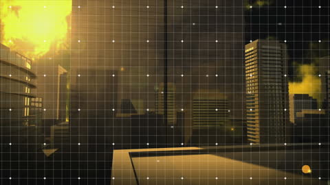 Digital Grid Over Abstract Cityscape at Dusk