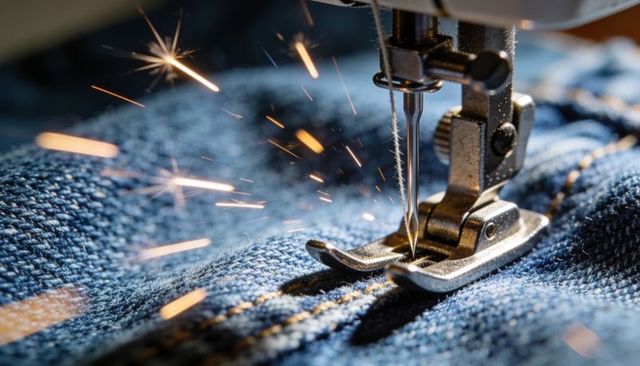 Macro sewing machine presser foot stitching denim seam with sparks flying, textile repair