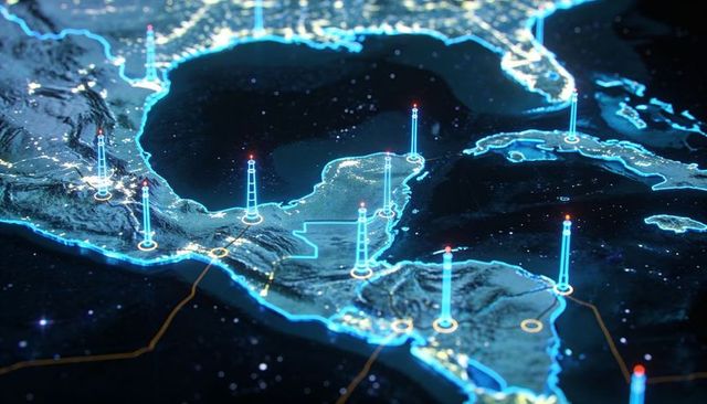 Glowing neon network map displaying mexico and central america with vertical data beacons