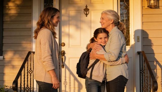 Grandmother hugging granddaughter on porch during warm morning school-day goodbye