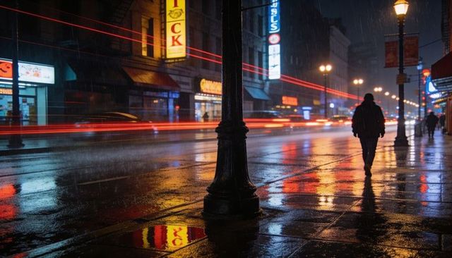 Rainy neon city night with solitary hooded man, moody reflections and motion light trails
