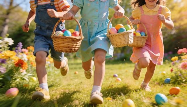 Three kids running with colorful easter egg baskets through sunlit flower garden