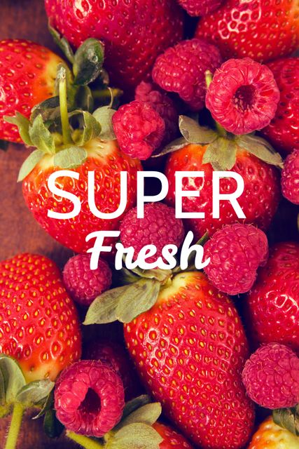 Vibrant close-up of juicy strawberries and raspberries with text overlay 'Super Fresh'. Ideal for grocery store promotions, healthy eating blogs, farm market advertisements, and organic produce marketing. Bright colors appeal for nutrition articles and social media posts.