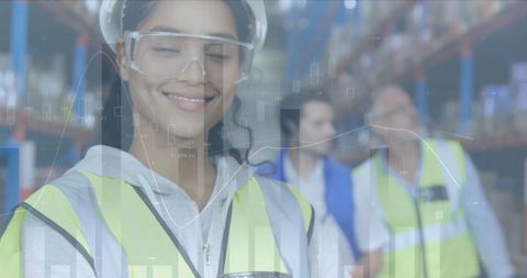 Smiling Woman in Warehouse with Financial Data Overlay