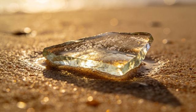 Glistening glass shard on golden wet sand with salt crystals and warm reflections