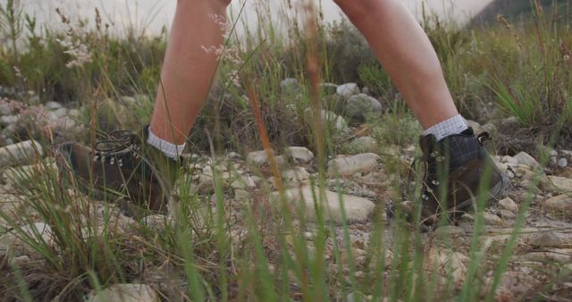 Picture shows hiker's legs wearing boots walking on rocky terrain surrounded by grass and wild plants. Useful for content about outdoor activities, nature exploration, hiking gear, travel destinations, environmental campaigns, and promoting adventurous lifestyles.